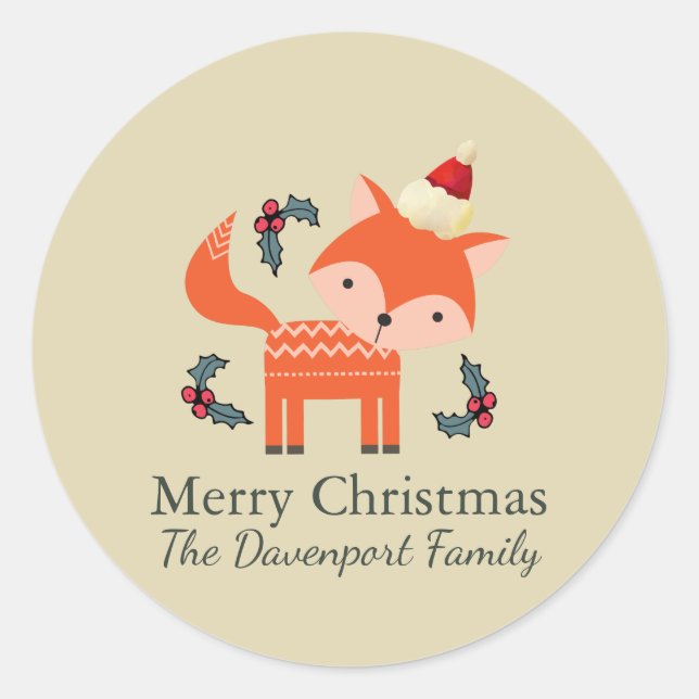 Orange Fox in Weihnachtsmannmütze Niedliche Whimsi Runder Aufkleber (Vorderseite)