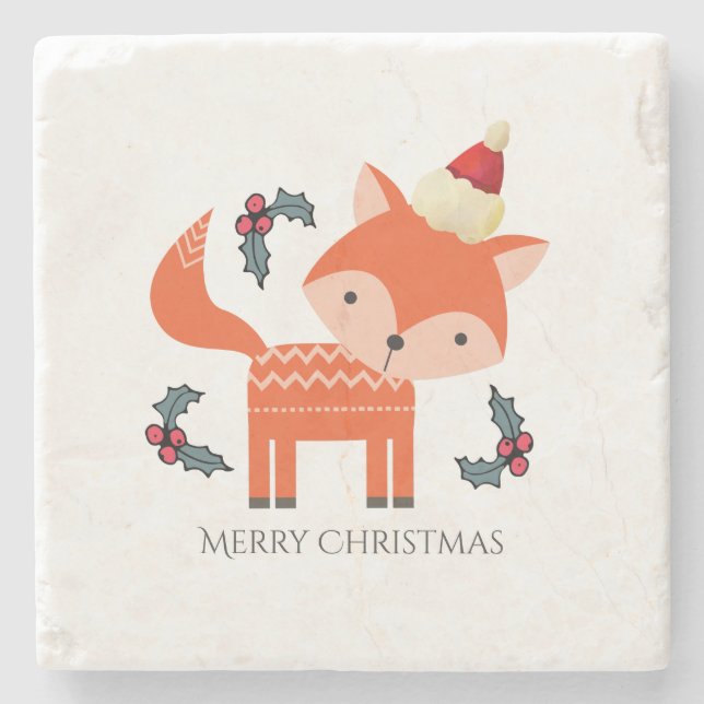 Orange Fox in Weihnachtsmannmütze Niedliche Whimsi Steinuntersetzer (Vorderseite)