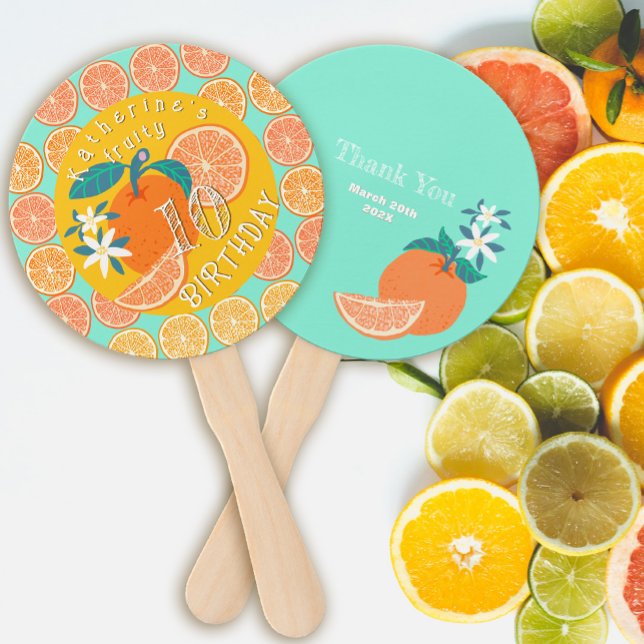 Orange Fruchtig 10. Geburtstag Teal Fächer (Orange Fruity Birthday Hand Fan.)