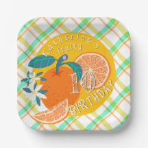 Orange Fruit Kariert Birthday Paper Plate