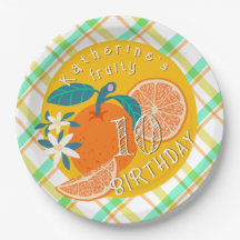 Orange Fruit Kariert Birthday Paper Plate