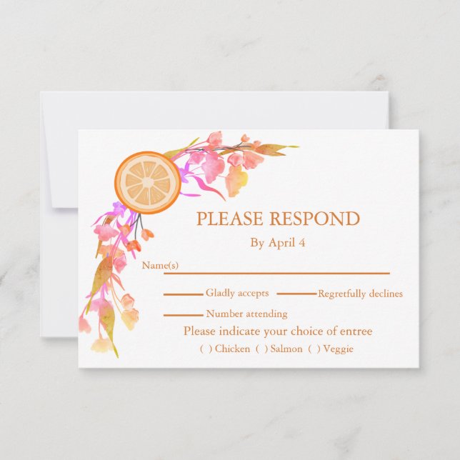 Orange Fruit Yellow Flowers Wedding RSVP Karte (Vorderseite)