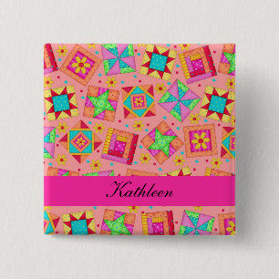 Orange Fuchsia Patchwork Quilt Blocks Nom Badge