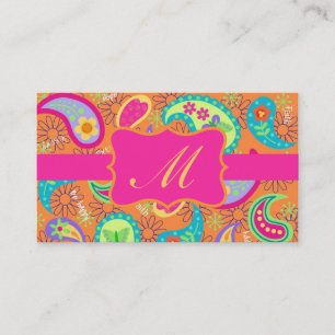 Orange Fuchsia Pink Modern Paisley Monogram Visitenkarte