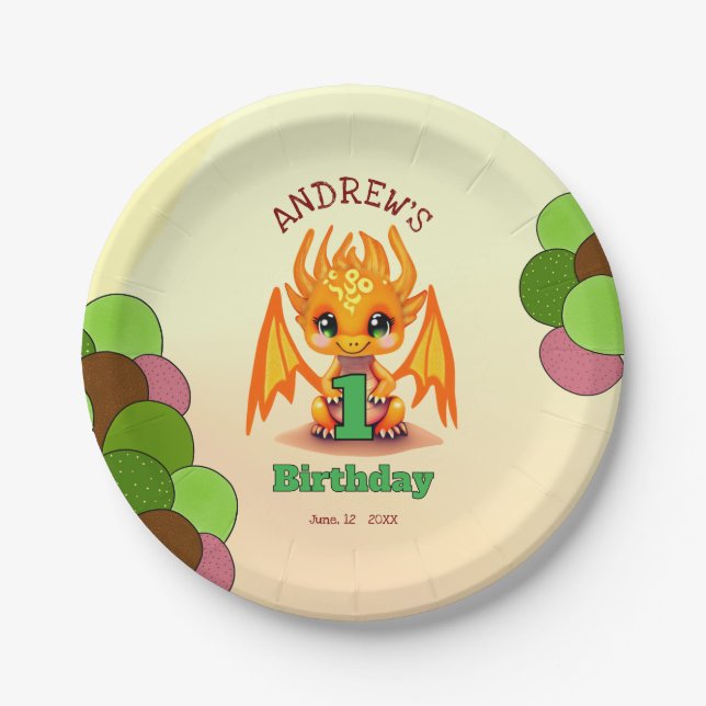 Orange Geburtstagsdrache  Pappteller (Vorderseite)