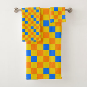 Orange Gelb Blau Kariertes Musterdesign  Badhandtuch Set