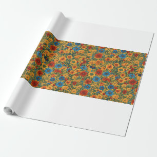 Orange, Gelb, Blau und Grüne Blumenmuster. Geschenkpapier