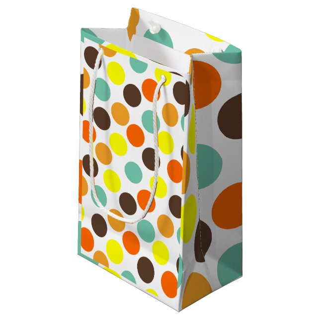 orange, gelb, braun, blaue Punkte Kleine Geschenktüte (Vorderseite Schrägansicht)