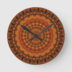 Orange, Gelb und Schwarz Mandala Runde Wanduhr