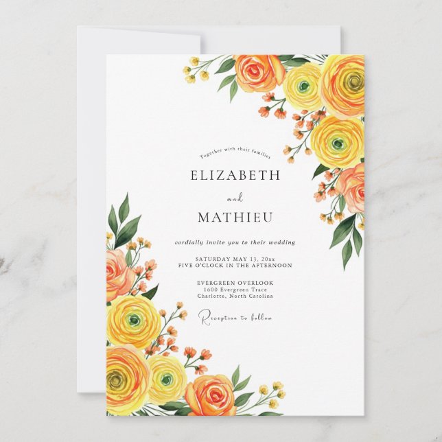 Orange Gelbe Blütenromanze Hochzeit Einladung (Vorderseite)