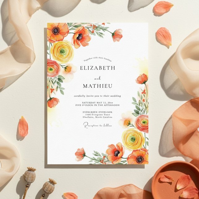 Orange Gelbe Botanische Romanische Hochzeit Einladung (Von Creator hochgeladen)