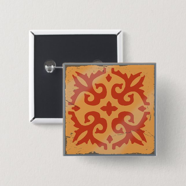 Orange Geometrie Blume Spanisches Fliesenspiel Button (Vorne & Hinten)