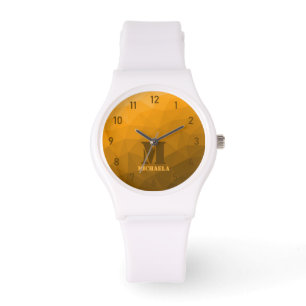 Orange geometrische Maschenmuster Monogram Armbanduhr