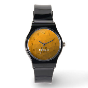 Orange geometrische Maschenmuster Monogram Armbanduhr