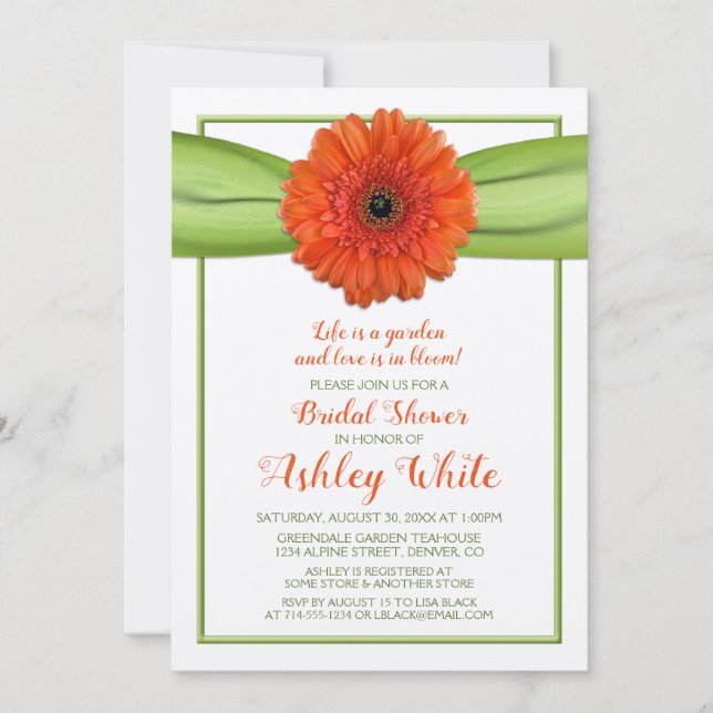 Orange Gerber Daisy Green Bridal Dusche Einladung (Vorderseite)