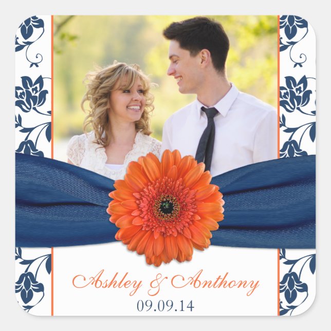 Orange Gerber Daisy Navy Damask Wedding Stickers (Vorderseite)
