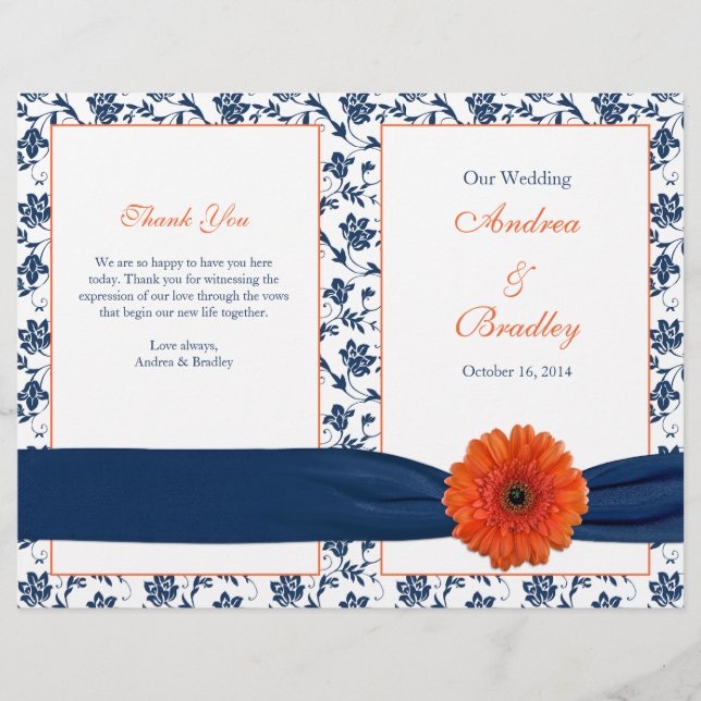 Orange Gerber Daisy Navy Mariage damassé Programme (Devant)