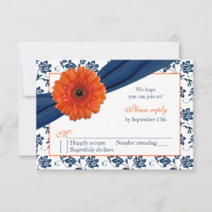 Orange Gerber Navy Blau Damast Blumen Hochzeit RSV RSVP Karte