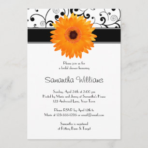 Orange Gerbera Daisy Black Scroll Brautparty Einladung
