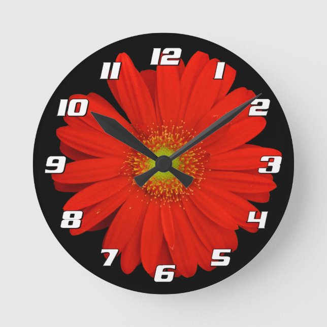 Orange Gerbera Daisy Blume auf schwarz mit Zahlen Runde Wanduhr (Vorderseite)