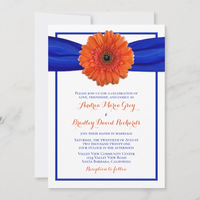 Orange Gerbera Daisy Faire-part de mariage bleu (Devant)