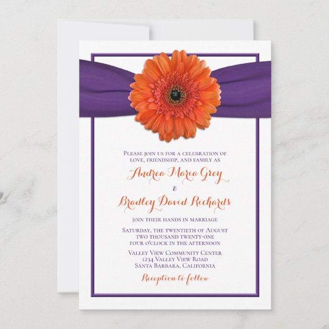 Orange Gerbera Daisy Violet Faire-part de mariage (Devant)
