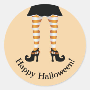Orange gestreifte Hexenbeine Happy Halloween Text Runder Aufkleber