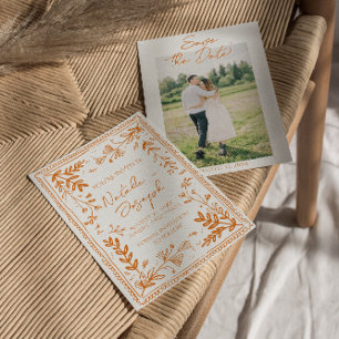 Orange gezeichnete Blumengarten-Foto-Save-the-Date Save The Date