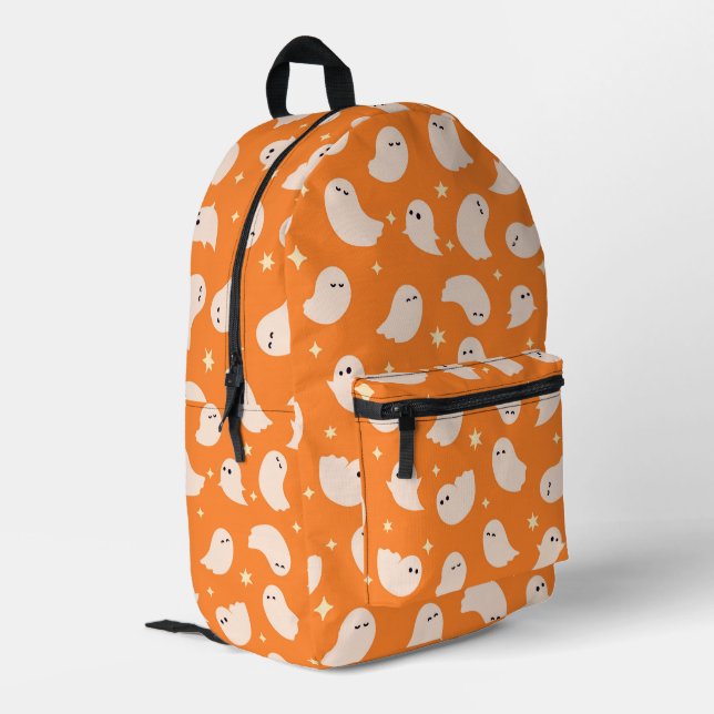 Orange Ghost Doodle Muster Bedruckter Rucksack (Rückseitige Ecke links)
