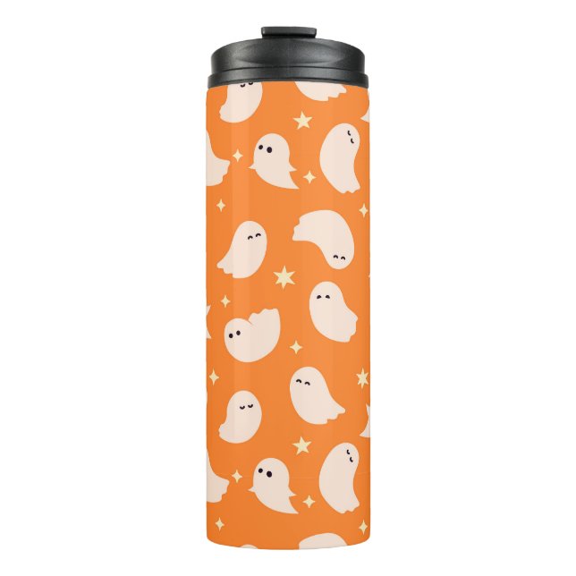 Orange Ghost Doodle Muster Thermosbecher (Vorderseite)