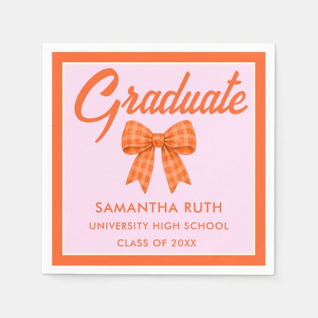 Orange Gingham Bow Graduation Party Serviette (Vorderseite)