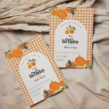 Orange Gingham Citrus Birthday Einladung