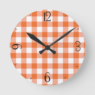 Orange Gingham Clock Runde Wanduhr
