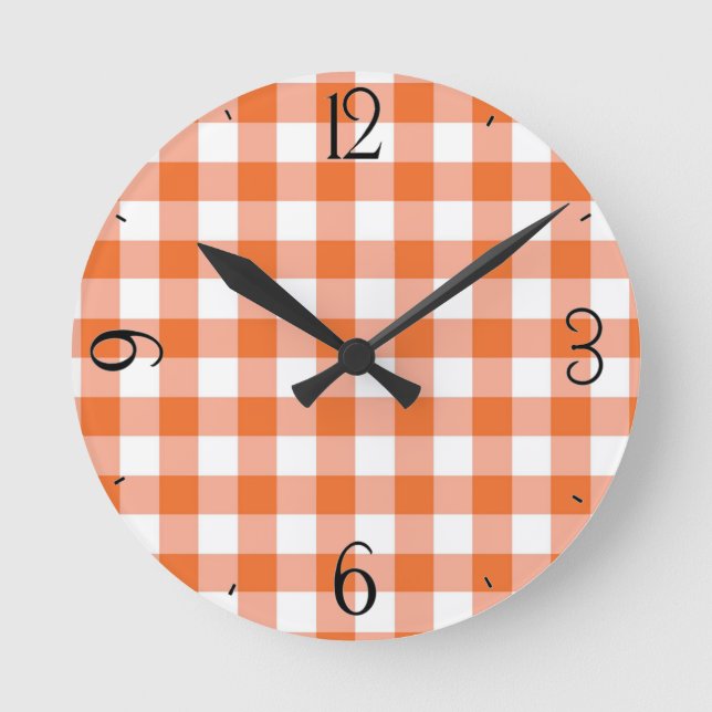 Orange Gingham Clock Runde Wanduhr (Vorderseite)