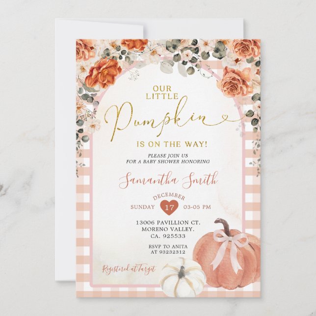 Orange Gingham Floral Pumpkin Autumn Baby Shower Einladung (Vorderseite)