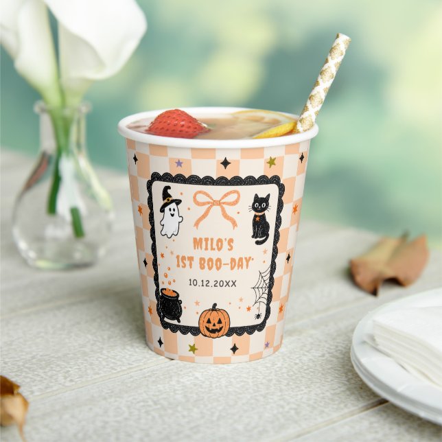 Orange Gingham Halloween Geburtstagsfeier Pappbecher (In Situ)