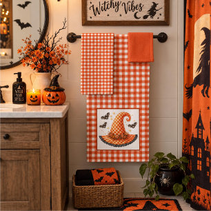 Orange Gingham Halloween Hexenhut & Fledermäuse Badhandtuch Set