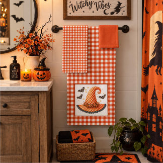 Orange Gingham Halloween Hexenhut & Fledermäuse Badhandtuch Set