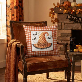 Orange Gingham Halloween Hexenhut & Fledermäuse Kissen