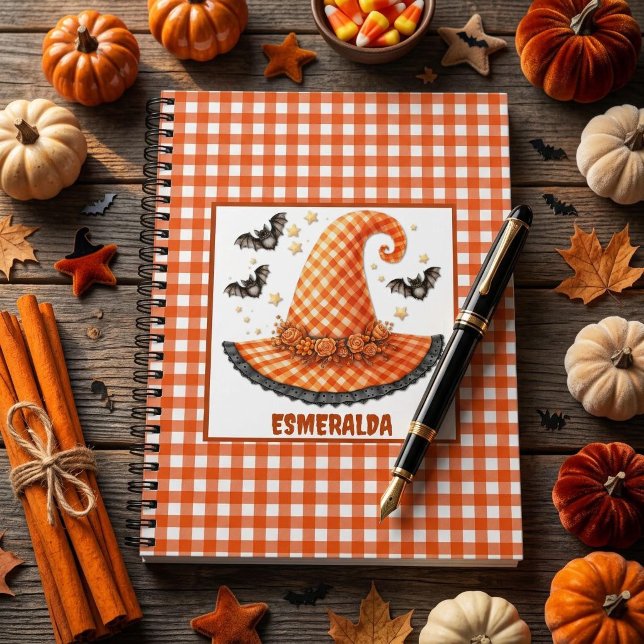 Orange Gingham Halloween Hexenhut & Fledermäuse Notizblock (Von Creator hochgeladen)