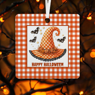 Orange Gingham Halloween Hexenhut & Fledermäuse Ornament Aus Metall