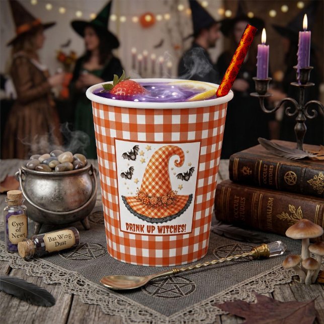Orange Gingham Halloween Hexenhut & Fledermäuse Pappbecher (Von Creator hochgeladen)