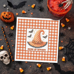 Orange Gingham Halloween Hexenhut & Fledermäuse Serviette