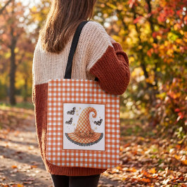 Orange Gingham Halloween Hexenhut & Fledermäuse Tasche
