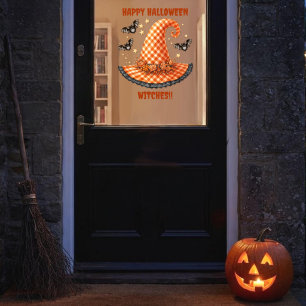 Orange Gingham Halloween Hexenhut und Fledermäuse Fensteraufkleber