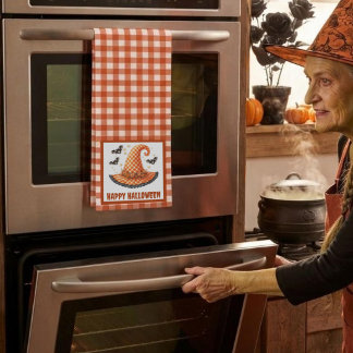 Orange Gingham Halloween Hexenhut und Fledermäuse Geschirrtuch