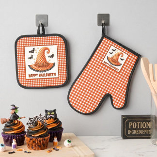 Orange Gingham Halloween Witch Hat and Bats Ofenhandschuh & Topflappen-Set