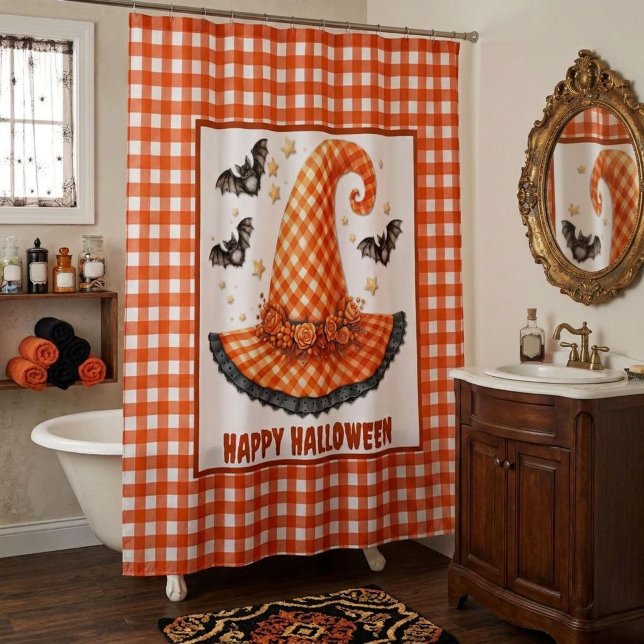 Orange Gingham Halloween Witch Hat & Bats Duschvorhang (Von Creator hochgeladen)