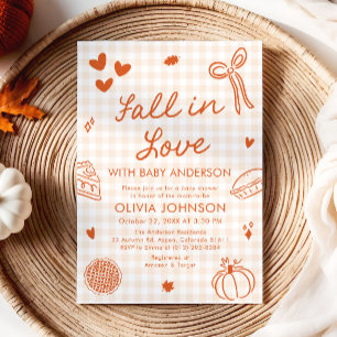 Orange Gingham Handgezeichnete Fall in Love Babypa Einladung
