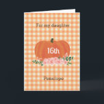 Orange Gingham Pumpkin Fall Birthday Daughter Karte<br><div class="desc">Personalisierte Kürbis Herbst Geburtstagskarte für Tochter. Sie können die Vorderseite dieser orangefarbenen Kürbisgeburtskarte mit ihrem Namen und Alter ganz einfach personalisieren. Die Insider-Kartenmeldung kann auch personalisiert sein, wenn sie gewollt wird, und die Rückseite weist das gleiche orangefarbene Gingham-Muster auf. Bitte sehen Sie alle Fotos. Dieser personalisierte Herbstgeburtstag für die Tochter...</div>